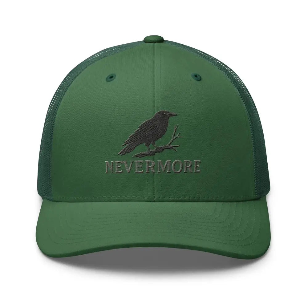 Green Nevermore embroidered trucker hat with Edgar Allan Poe raven perched embroidery