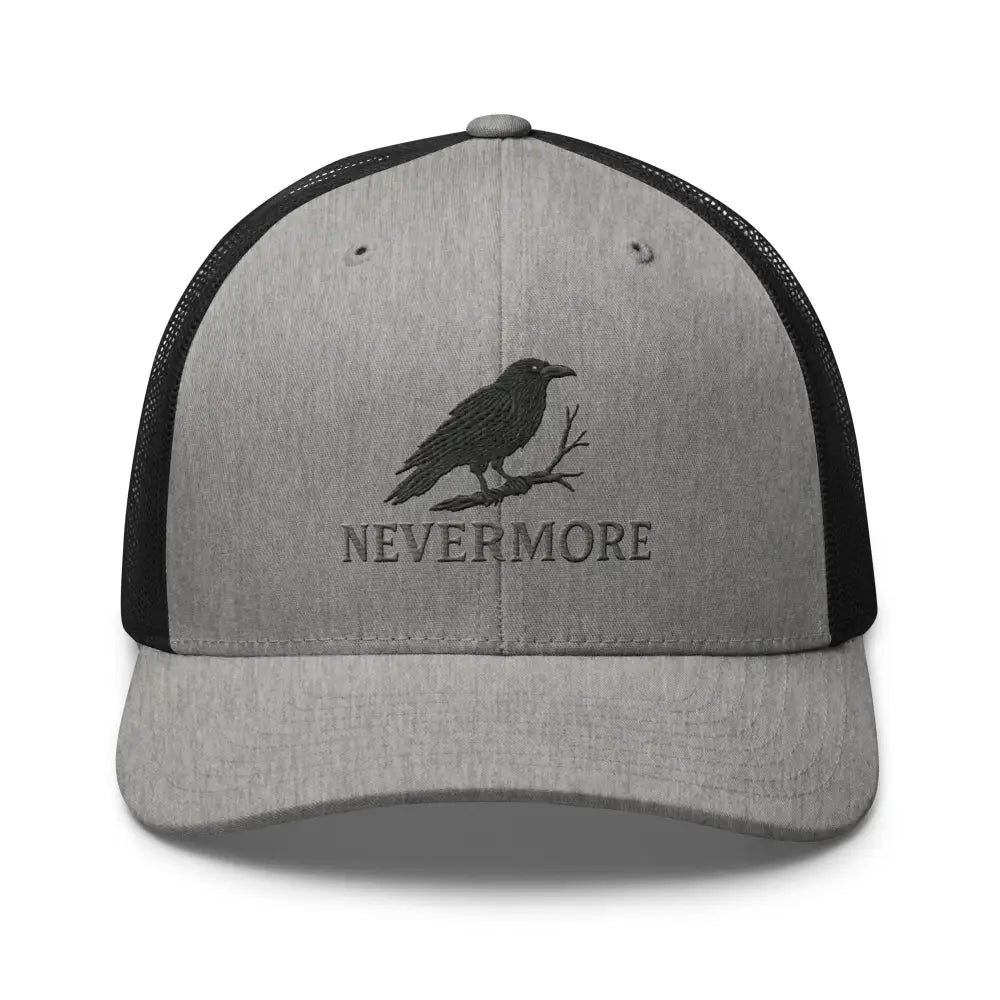 Gray and black Nevermore embroidered trucker hat with Edgar Allan Poe inspired embroidered raven perched