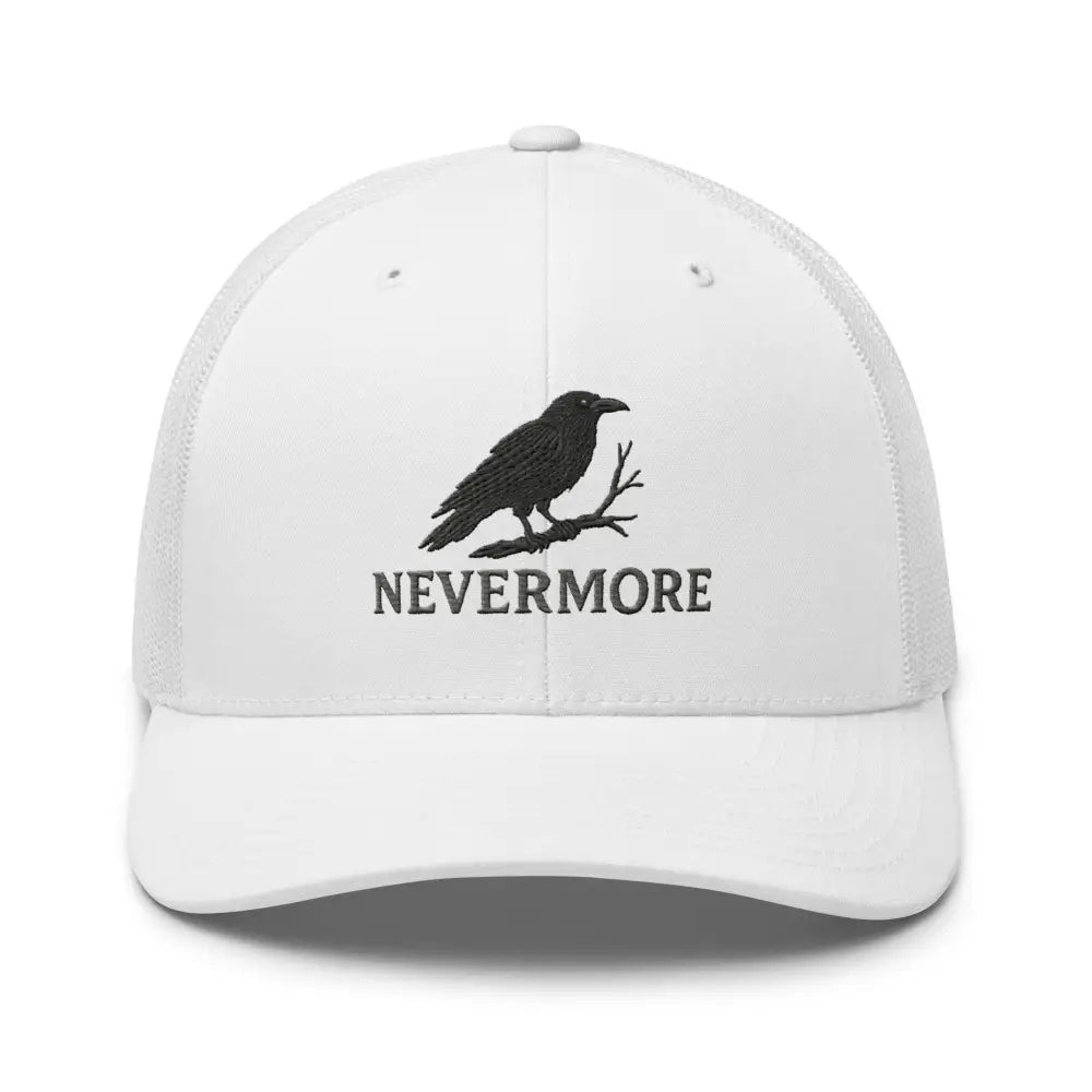 White trucker cap with embroidered raven perched and nevermore text, Edgar Allan Poe style