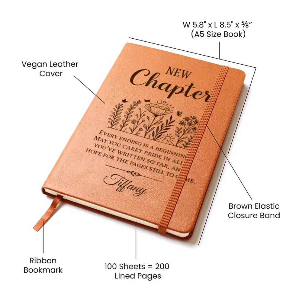 Personalized vegan leather chapter journal with elastic closure and ribbon bookmark