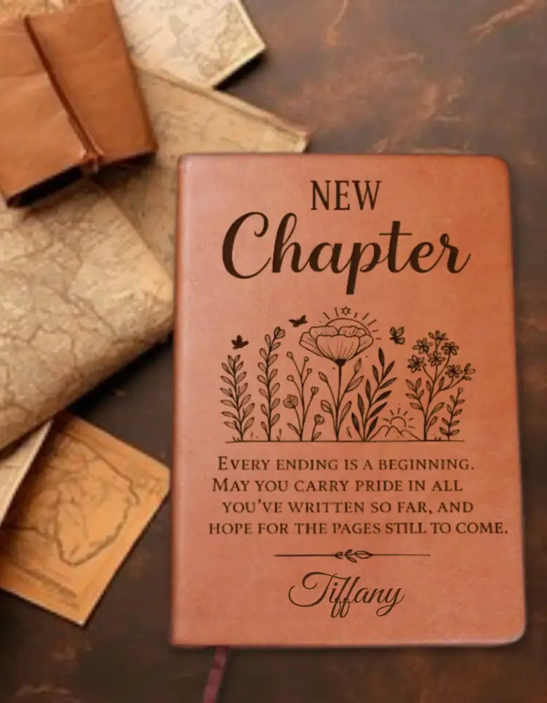Personalized brown leather chapter journal with nature engravings