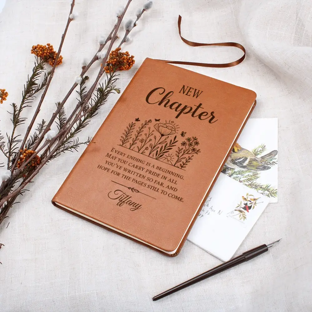 Personalized brown vegan leather chapter journal with floral engraving