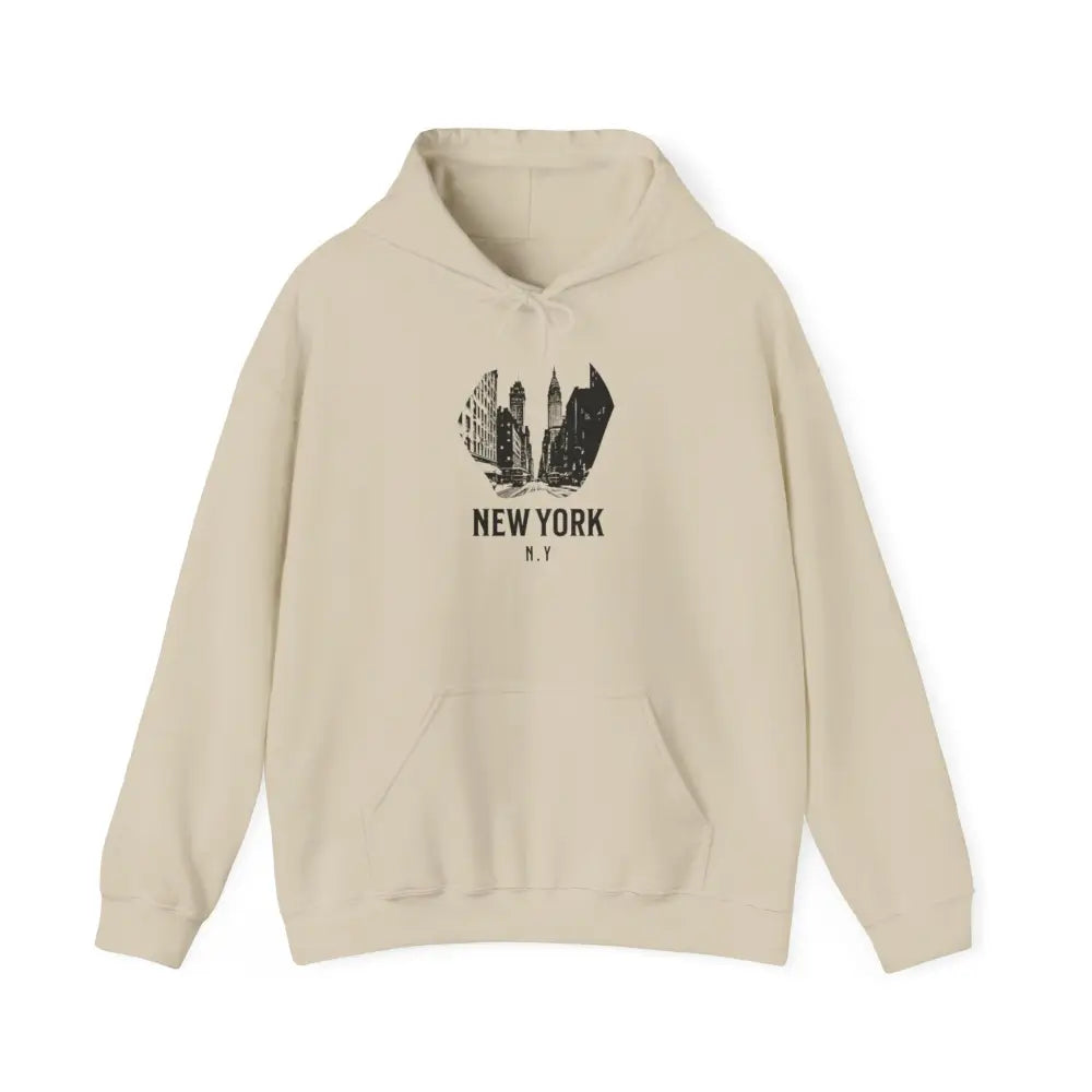 Beige oversized hoodie with New York Cityscape graphic made from polyester blend fabric