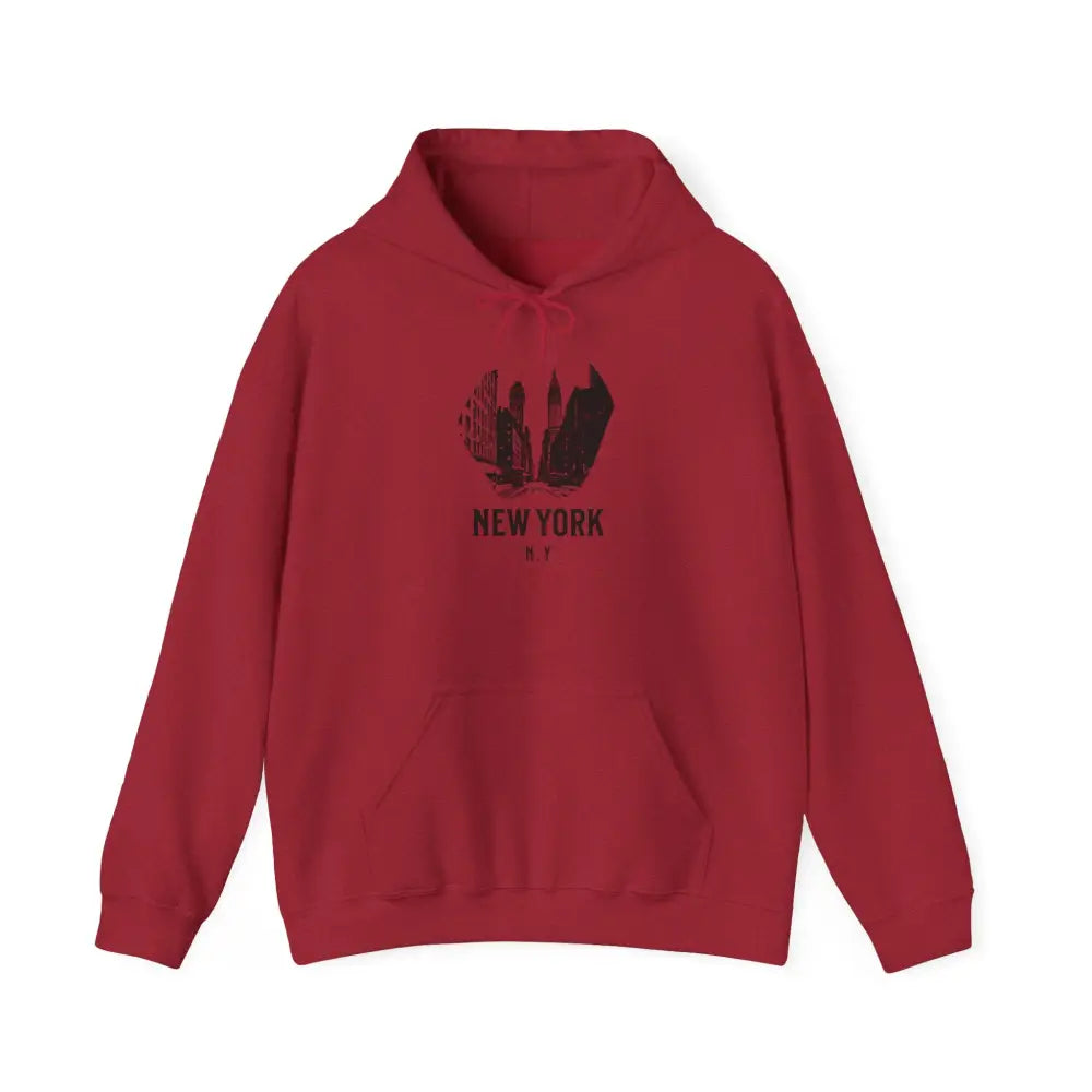 Red hooded sweatshirt with dark New York City skyline graphic polyester blend for a stylish look