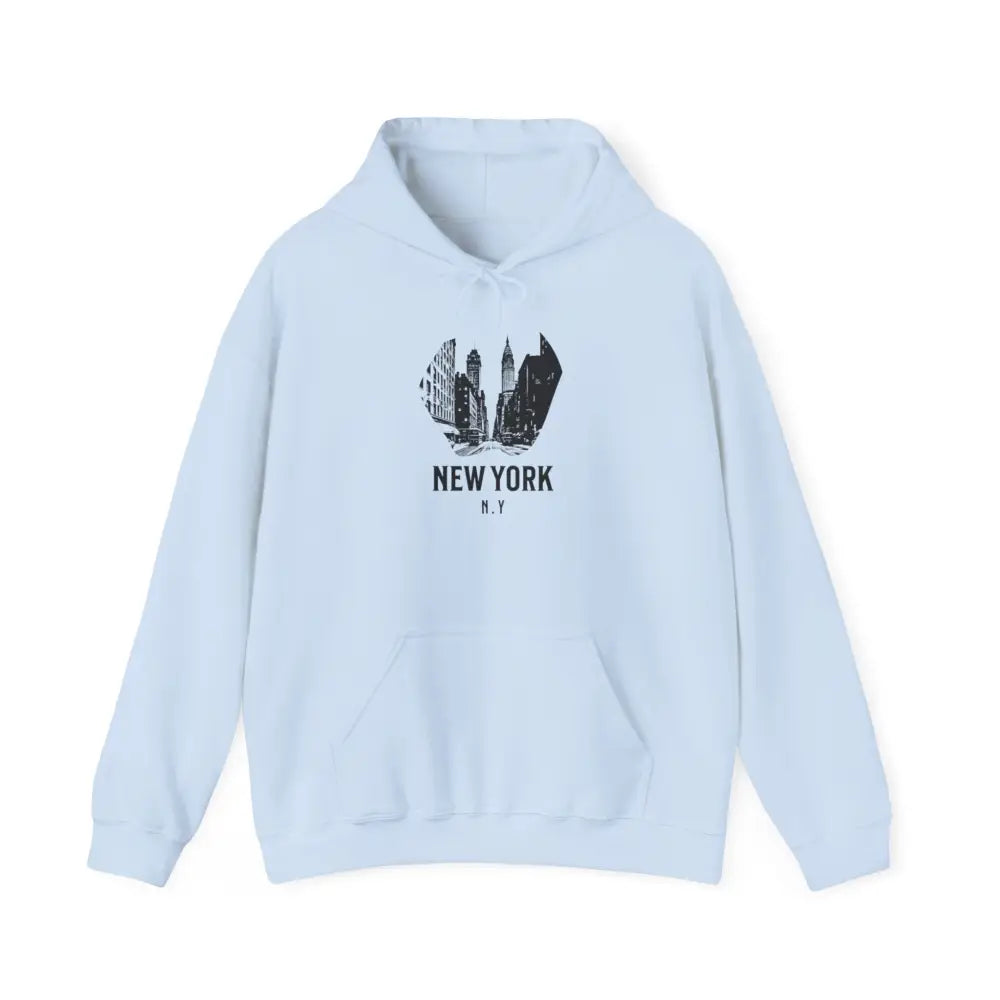 Light blue hoodie with New York Cityscape graphic made from polyester blend fabric