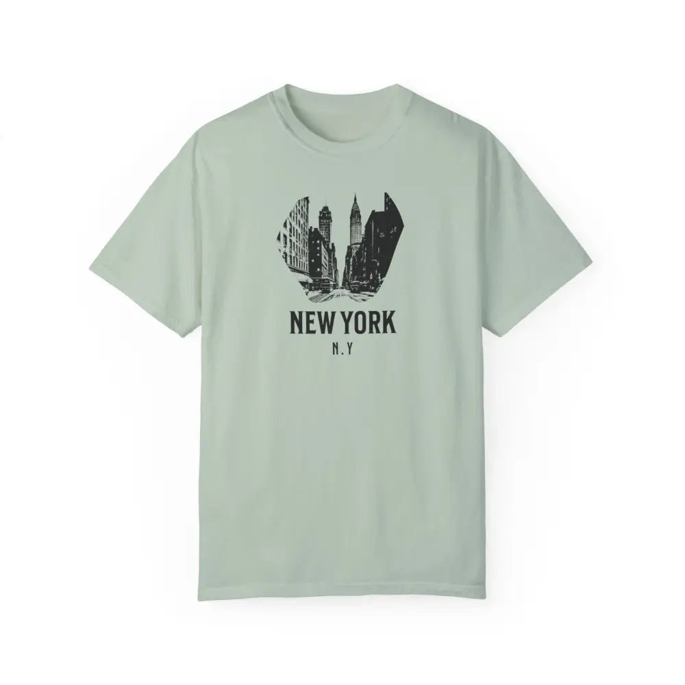 Light green crew-neck tee with New York Cityscape graphic, made with Comfort Colors quality