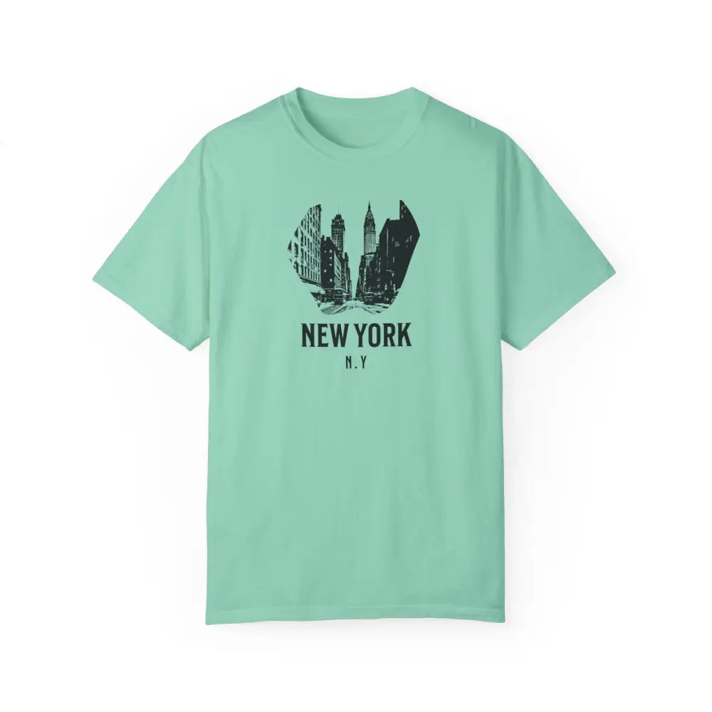 Light green short-sleeved T-shirt with black New York Cityscape graphic, comfort colors quality
