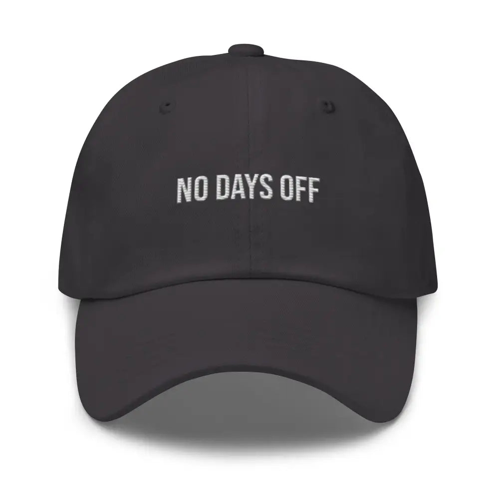 Dark gray embroidered corduroy cap with No Days Off text by Trini Skies