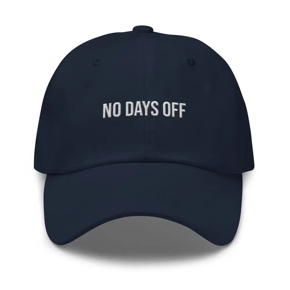 Dark blue embroidered corduroy cap with NO DAYS OFF by Trini Skies