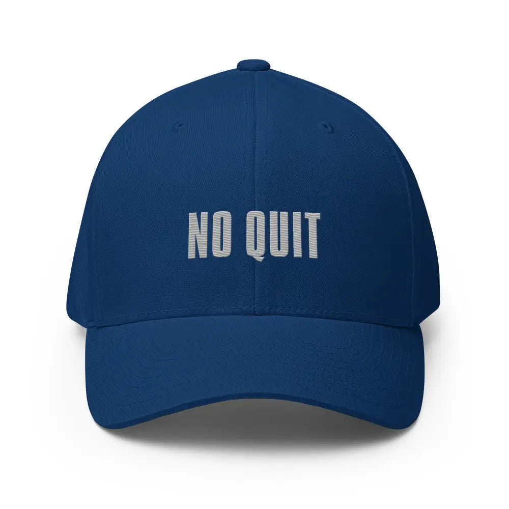 Dark blue embroidered flexfit cap with No Quit text, push past limits