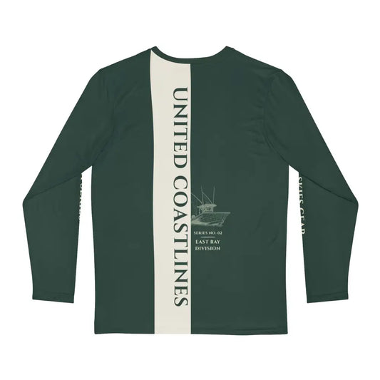 Dark green long-sleeve performance fishing jersey with cream stripe