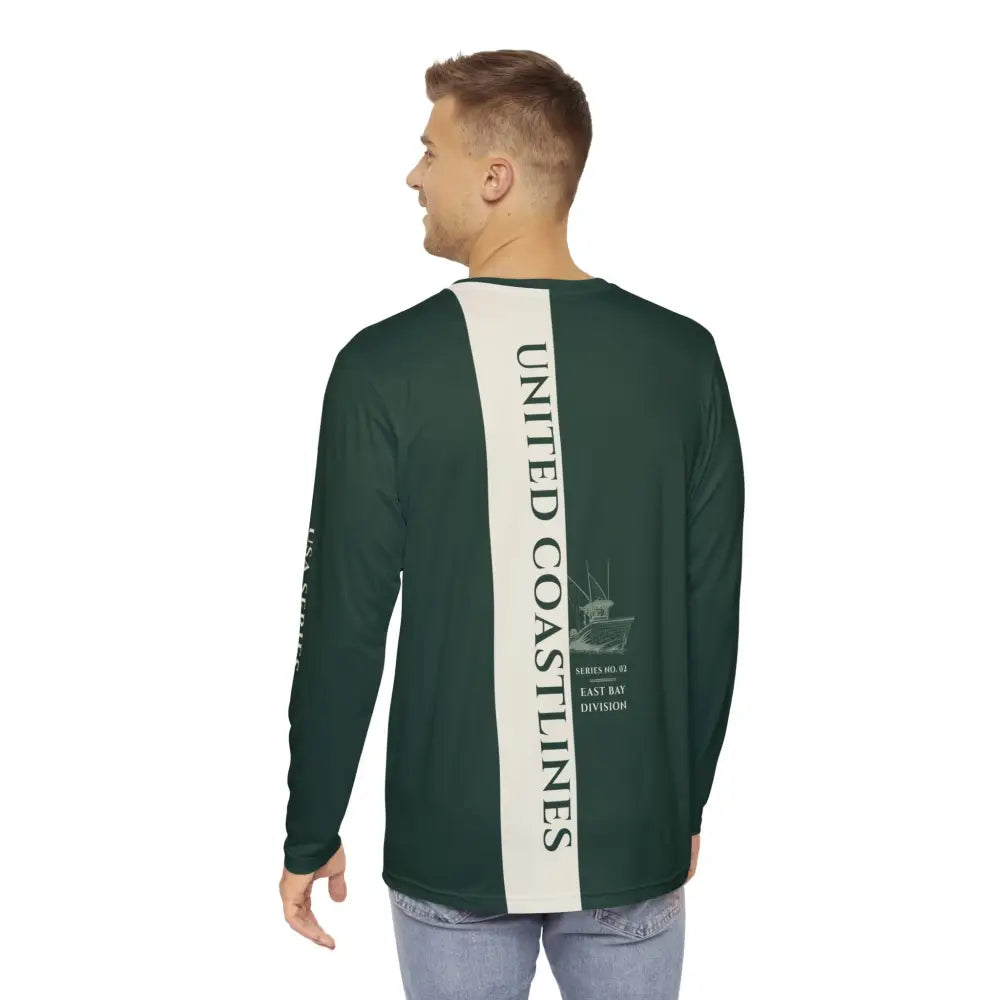 Dark green USA Series long-sleeve performance fishing jersey with boat graphic