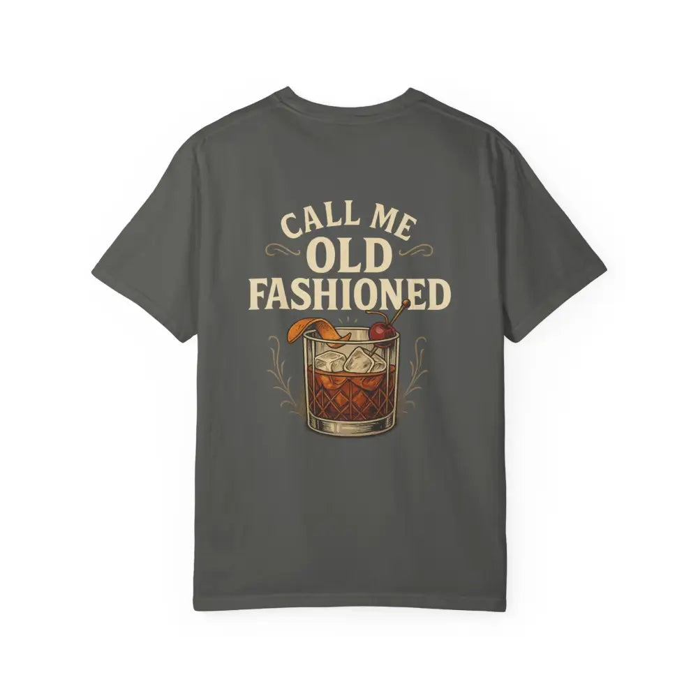 Dark gray vintage cocktail tee with Old Fashioned graphic, perfect story forward style
