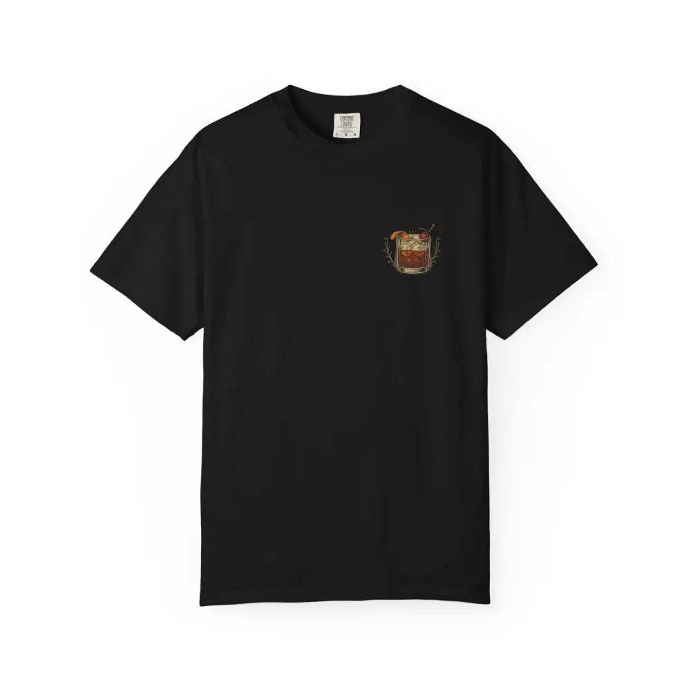 Black vintage cocktail tee with cocktail glass graphic, perfect for story forward style