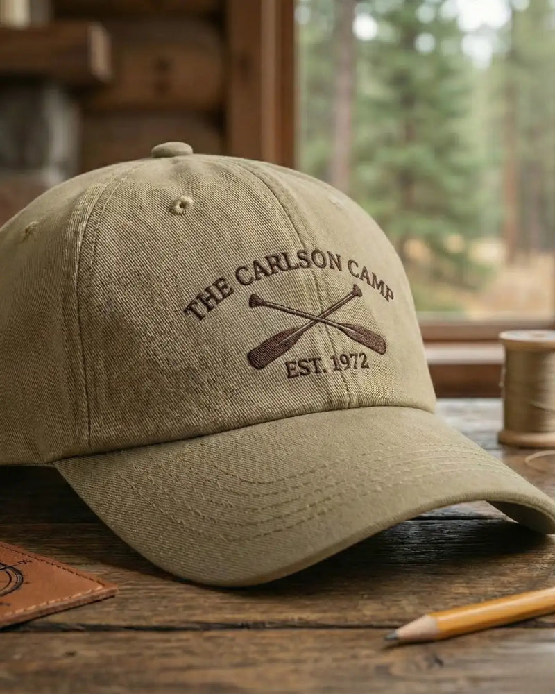 Olive green cotton baseball cap with embroidered logo reading ’the carlson camp est.