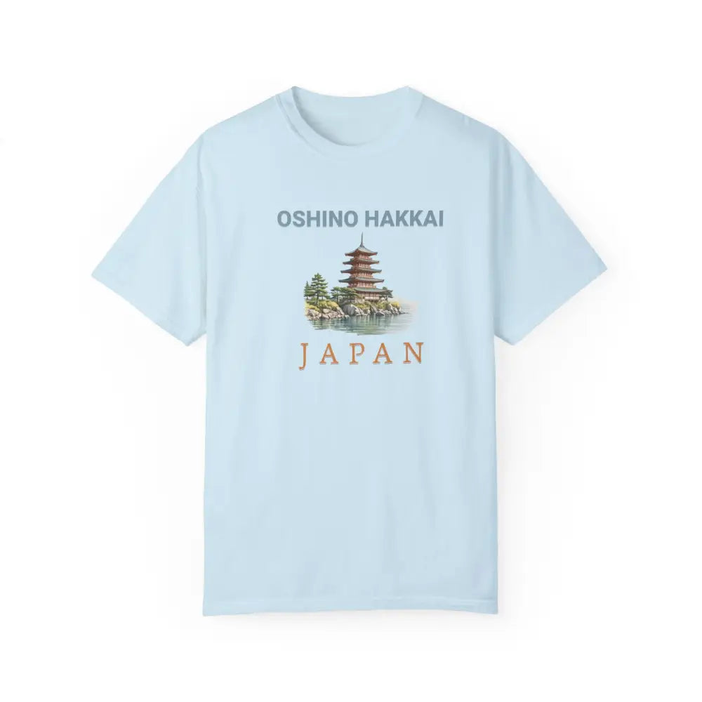 Light blue Oshino Hakkai Japan pagoda graphic tee in premium comfort