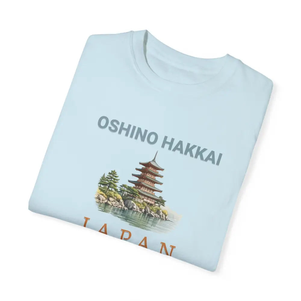 Light blue Oshino Hakkai Japan pagoda graphic tee in premium comfort
