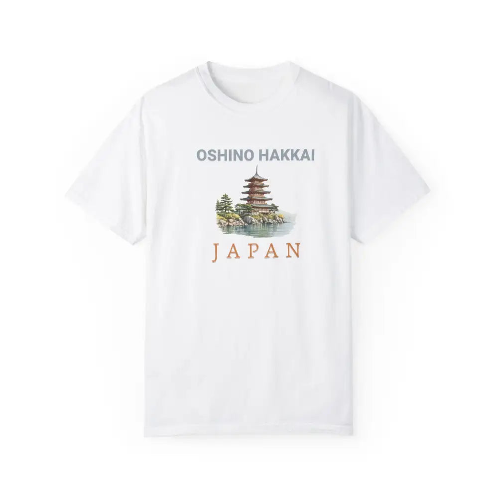 White Oshino Hakkai Japan pagoda graphic tee showcasing Japanese culture and premium comfort colors