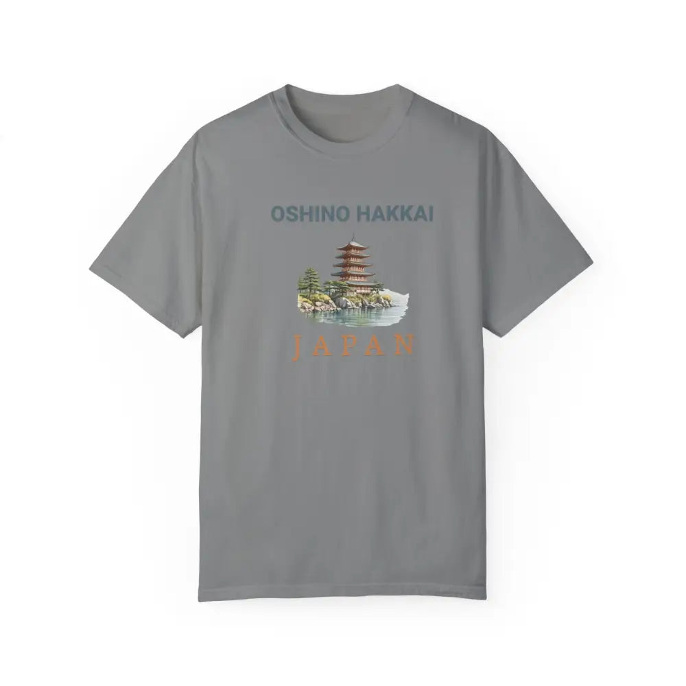 Grey Oshino Hakkai Japan pagoda graphic tee showcasing Japanese culture and premium comfort colors