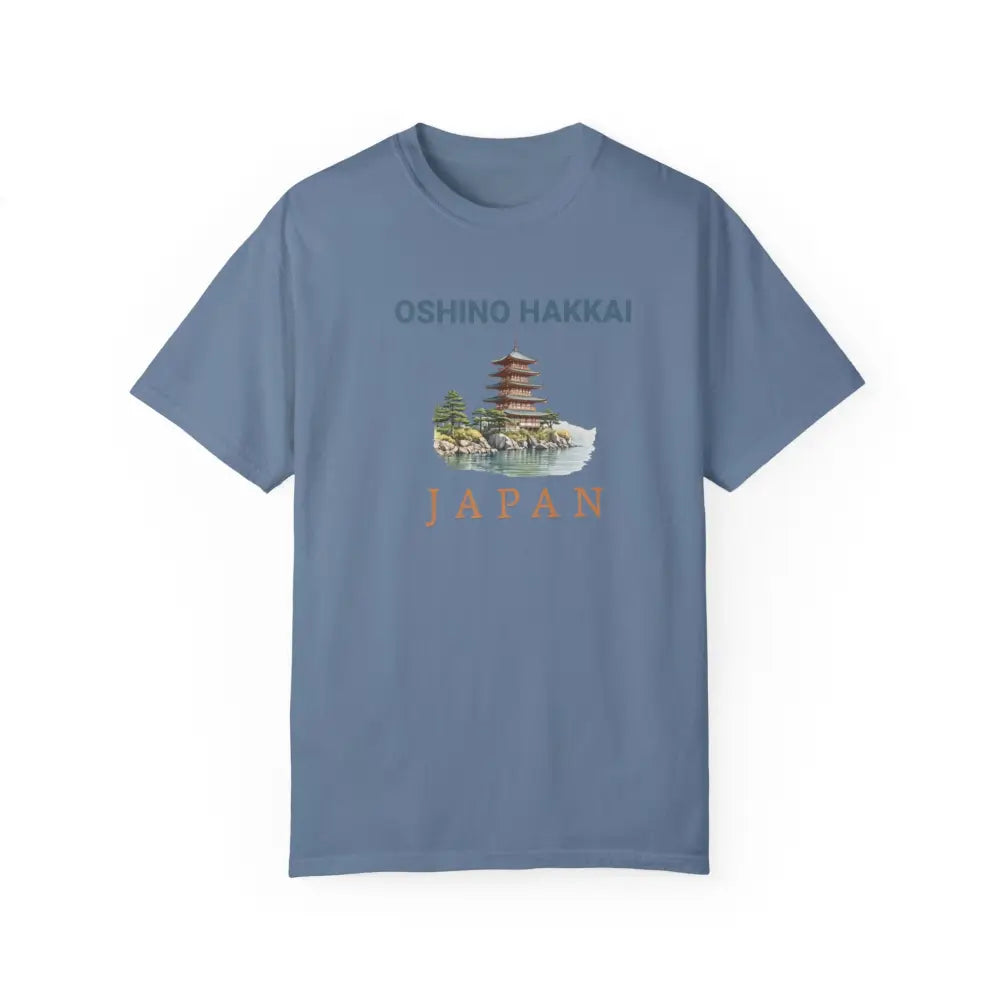 Blue short-sleeved T-shirt with Oshino Hakkai Japan pagoda design showcasing Japanese culture