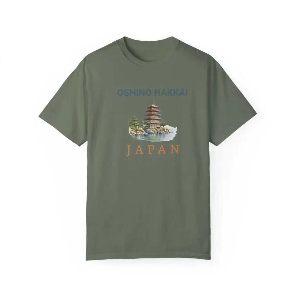 Olive green Oshino Hakkai Japan pagoda graphic tee showcasing Japanese culture and premium comfort colors