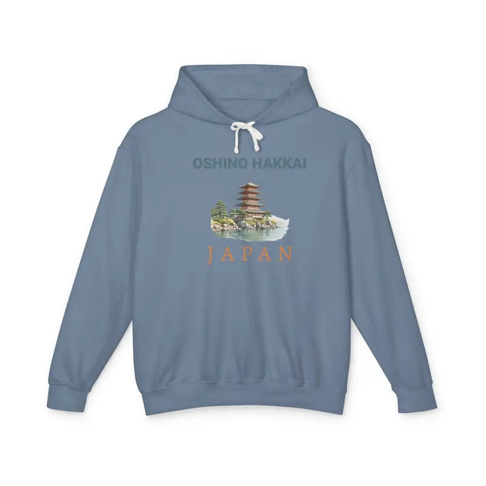 Blue Oshino Hakkai Japan pagoda graphic hoodie with Mount Fuji design and embroidered corduroy cap
