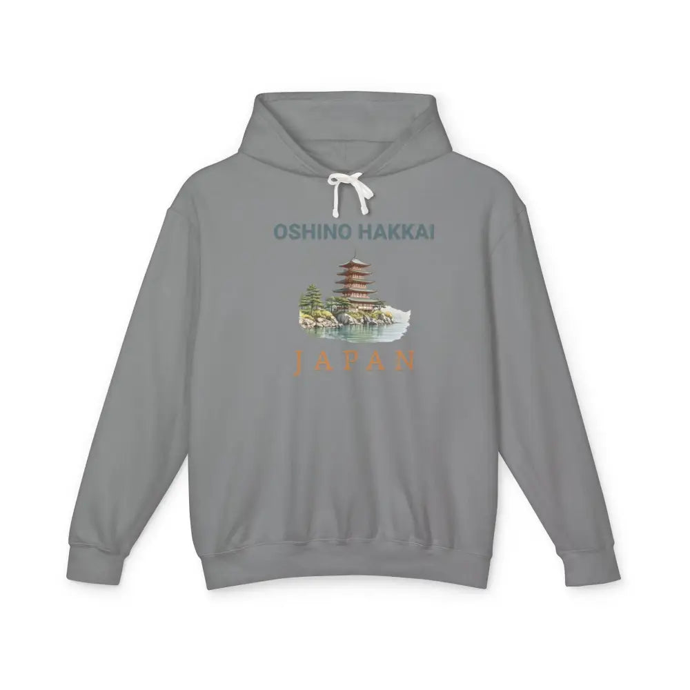 Grey Oshino Hakkai Japan pagoda hoodie with Mount Fuji landscape