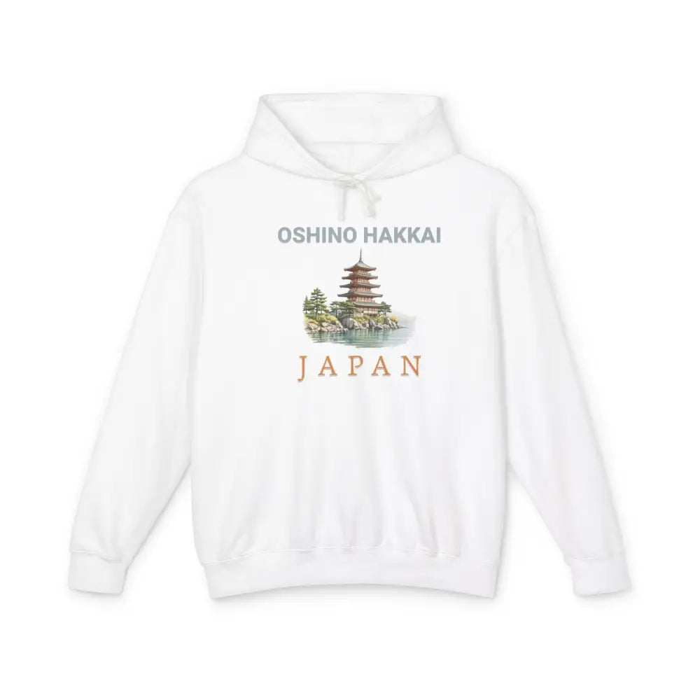 White Oshino Hakkai Japan pagoda graphic hoodie with Mount Fuji design