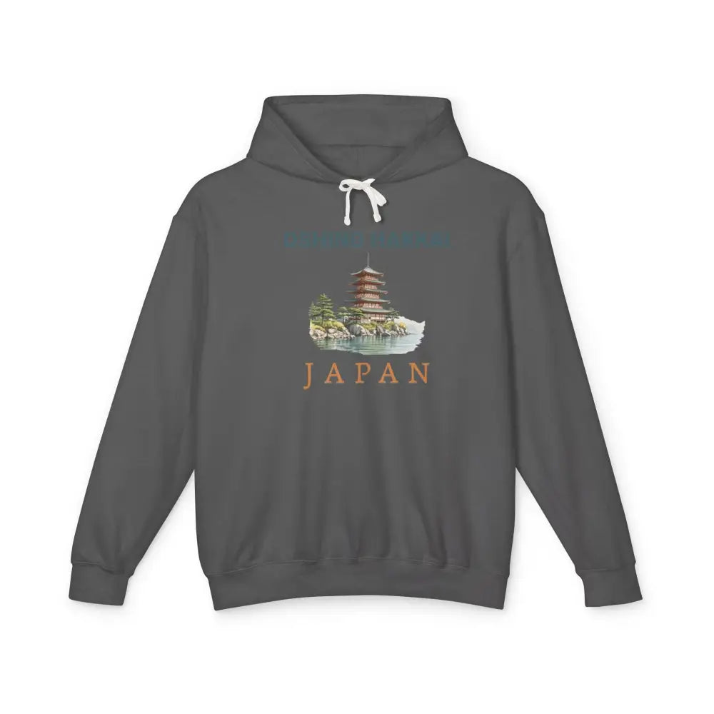 Oshino Hakkai Japan pagoda graphic on dark gray hoodie