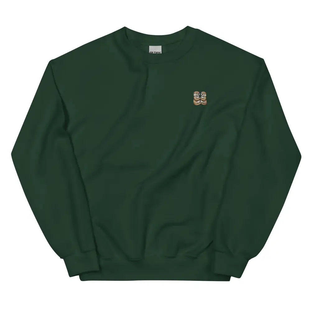Dark green crewneck sweatshirt with small embroidered Otter Couple Embroidered design
