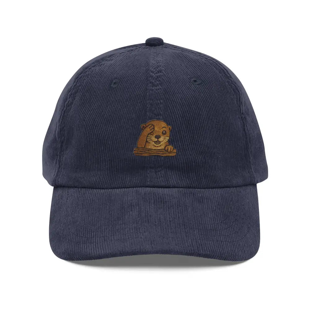 Charming otter peeking on navy blue embroidered corduroy cap