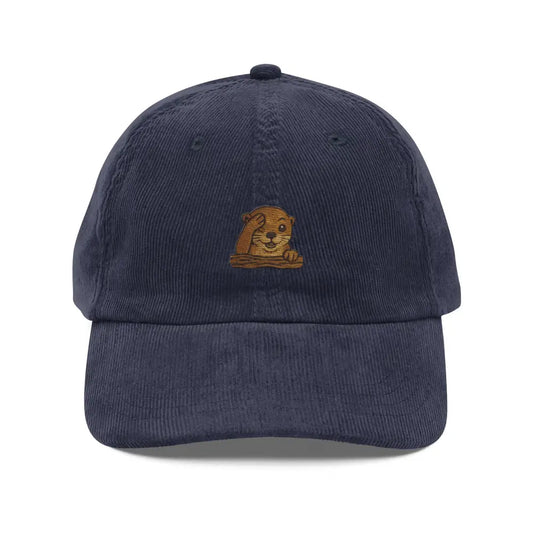 Navy blue embroidered corduroy cap with charming otter peeking embroidery for cozy style