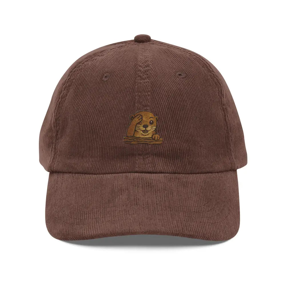 Brown corduroy baseball cap with charming otter peeking embroidery, cozy embroidered corduroy style