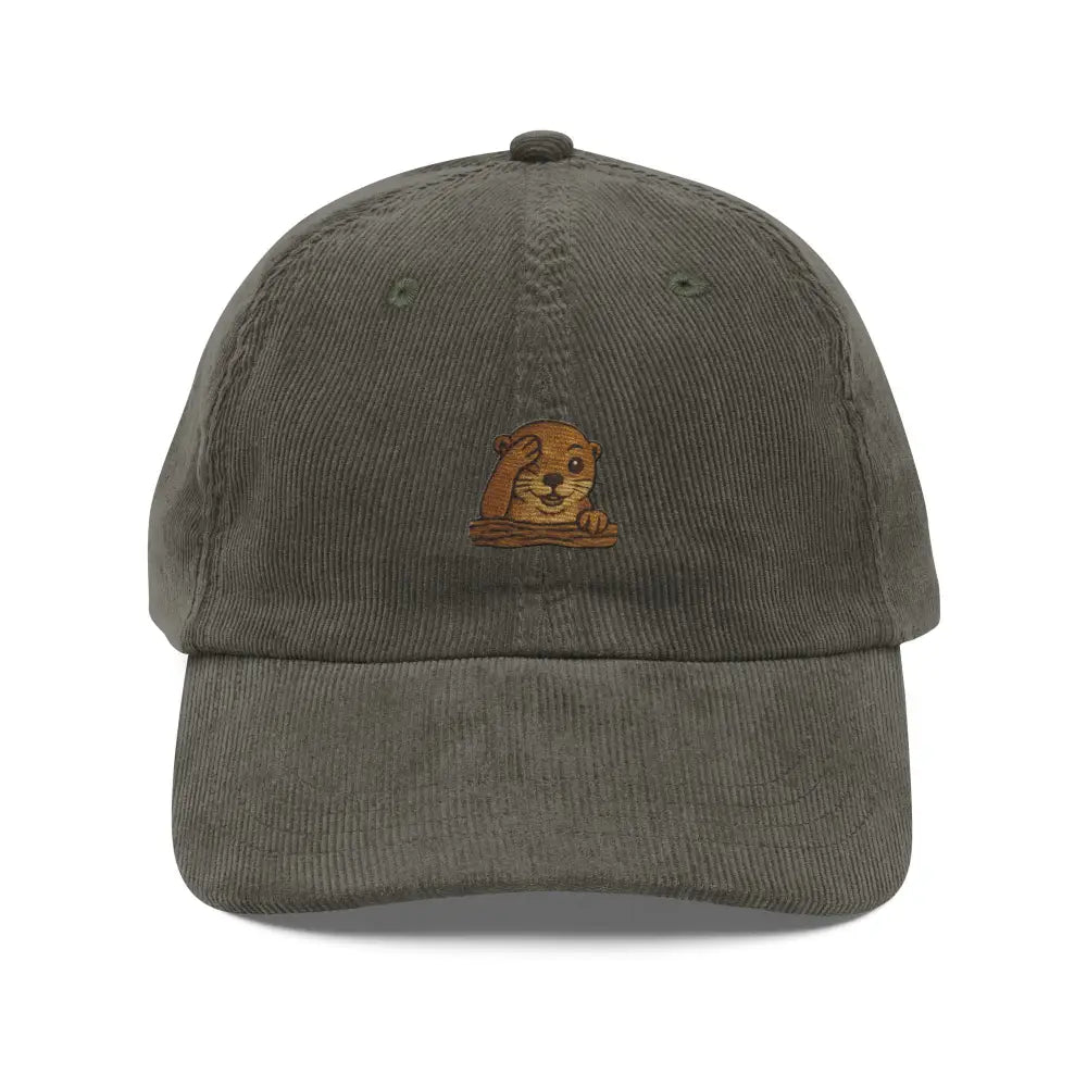 Dark green embroidered corduroy cap with charming otter peeking, cozy embroidered corduroy hat