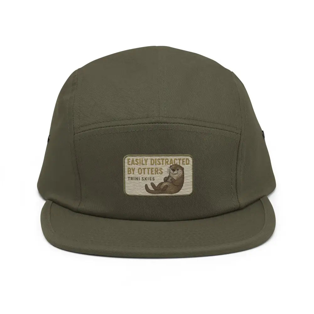 Olive green embroidered five-panel cap with otter patch and nylon strap clip