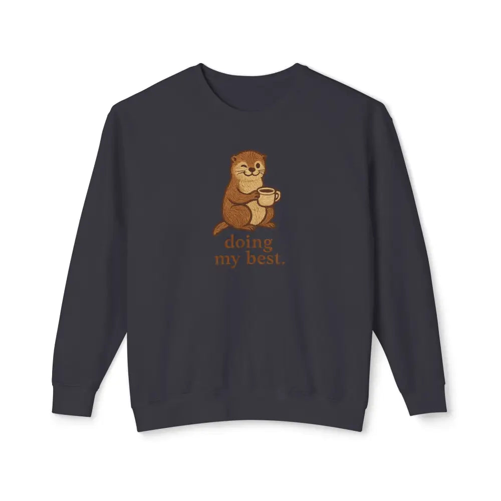 Dark gray emotional support sweatshirt with otter holding coffee mug