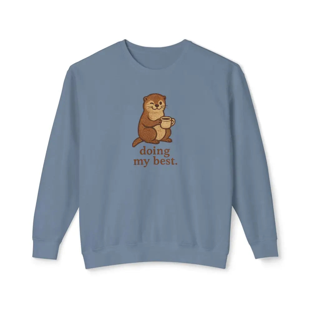 Light blue emotional support sweatshirt with cartoon otter holding mug