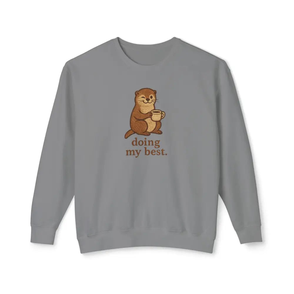 Gray Emotional Support Sweatshirt with Cartoon Otter Holding Mug