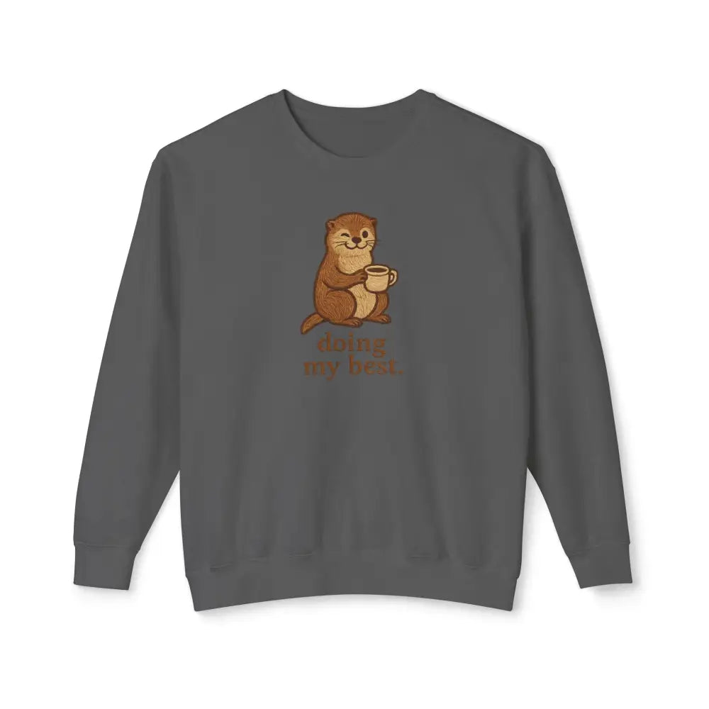 Dark gray emotional support sweatshirt with cartoon otter holding coffee mug