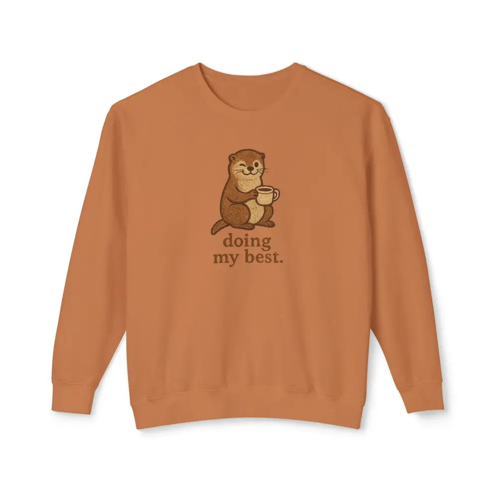 Emotional support sweatshirt with cartoon otter holding mug