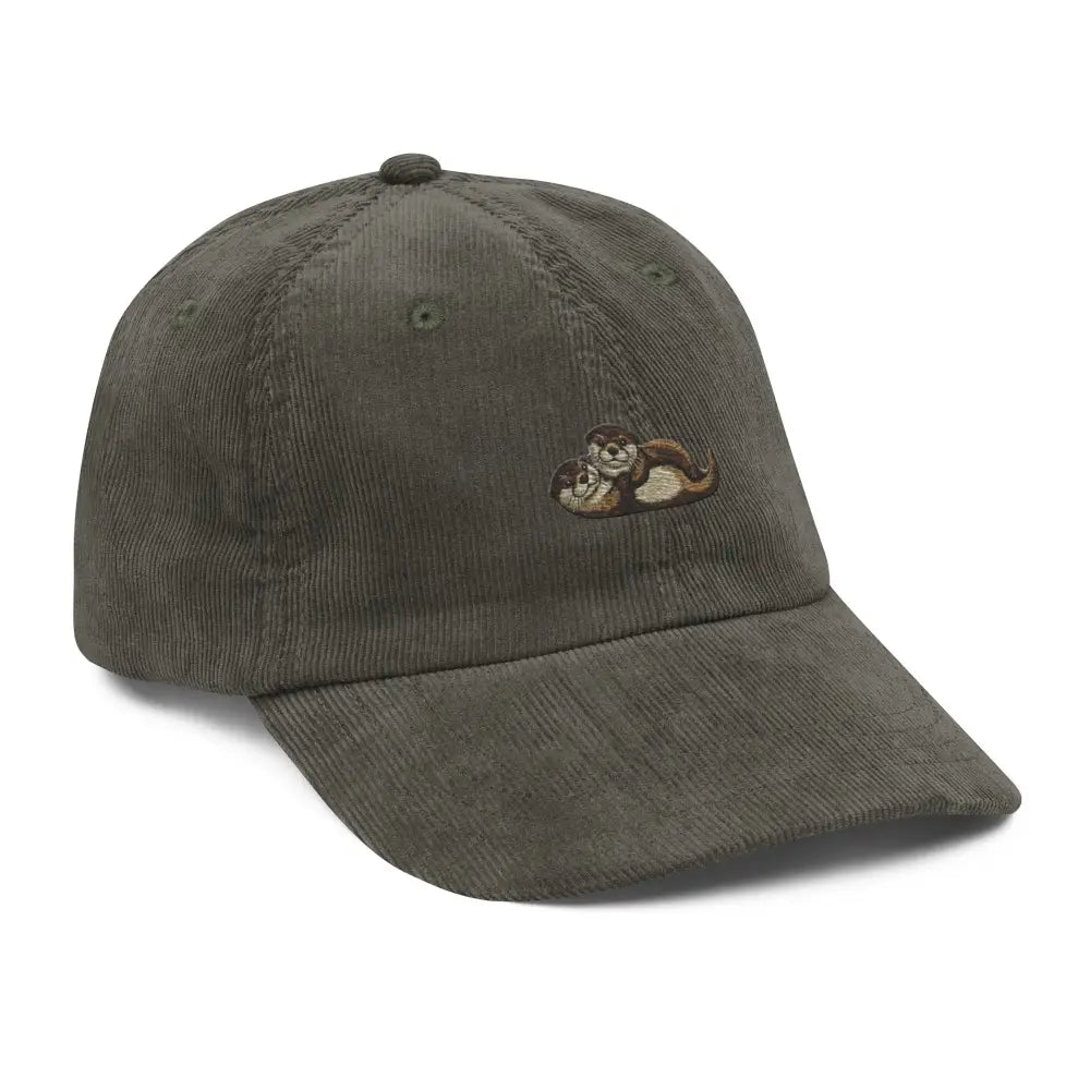 Olive green embroidered wildlife corduroy cap with sloth design