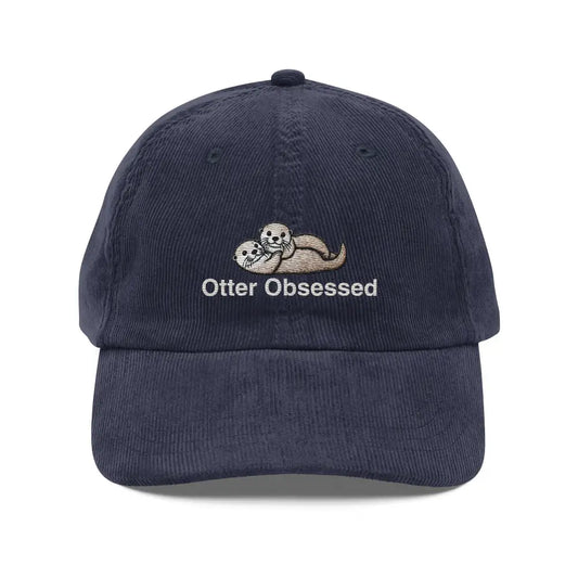 Otter Obsessed Embroidered Vintage Corduroy Hat Cute Animal Lovers Cap - Navy - Hats navy blue corduroy baseball cap 1
