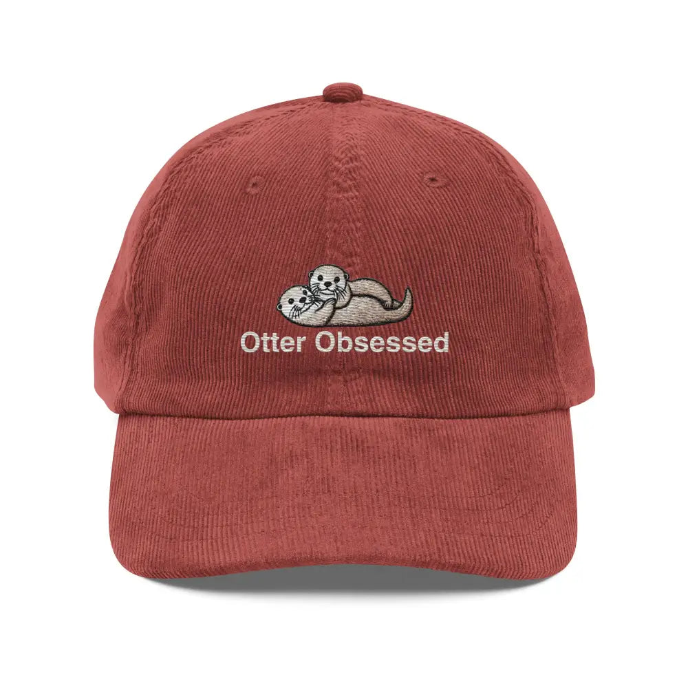 Otter obsessed embroidered red vintage corduroy baseball cap with otters