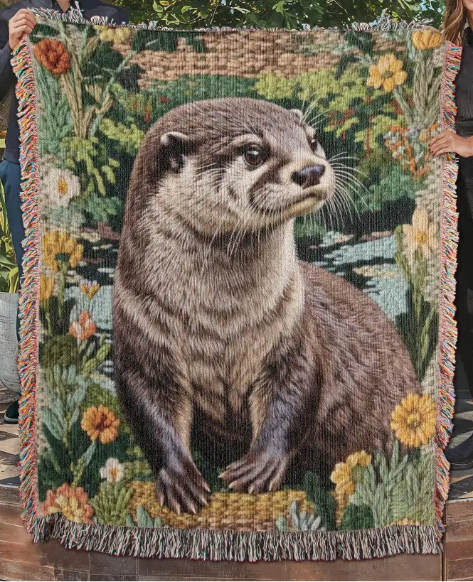 Otter woven blanket with realistic otter in botanical wildlife art textile