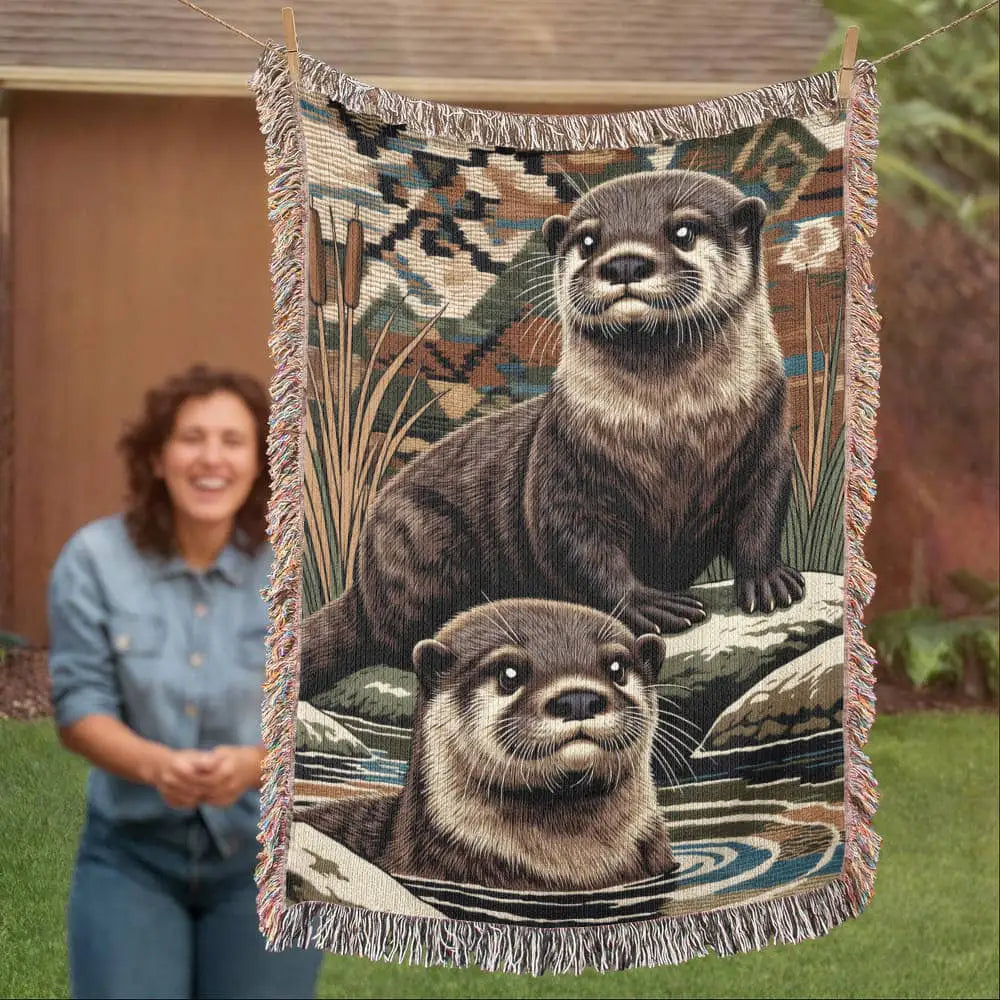 Otter woven blanket with two detailed otters in wildlife art textile fringe
