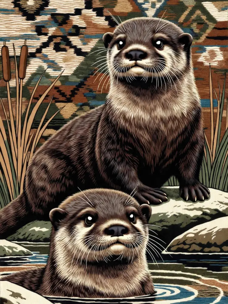 Two otters on wildlife art textile throw with fringe