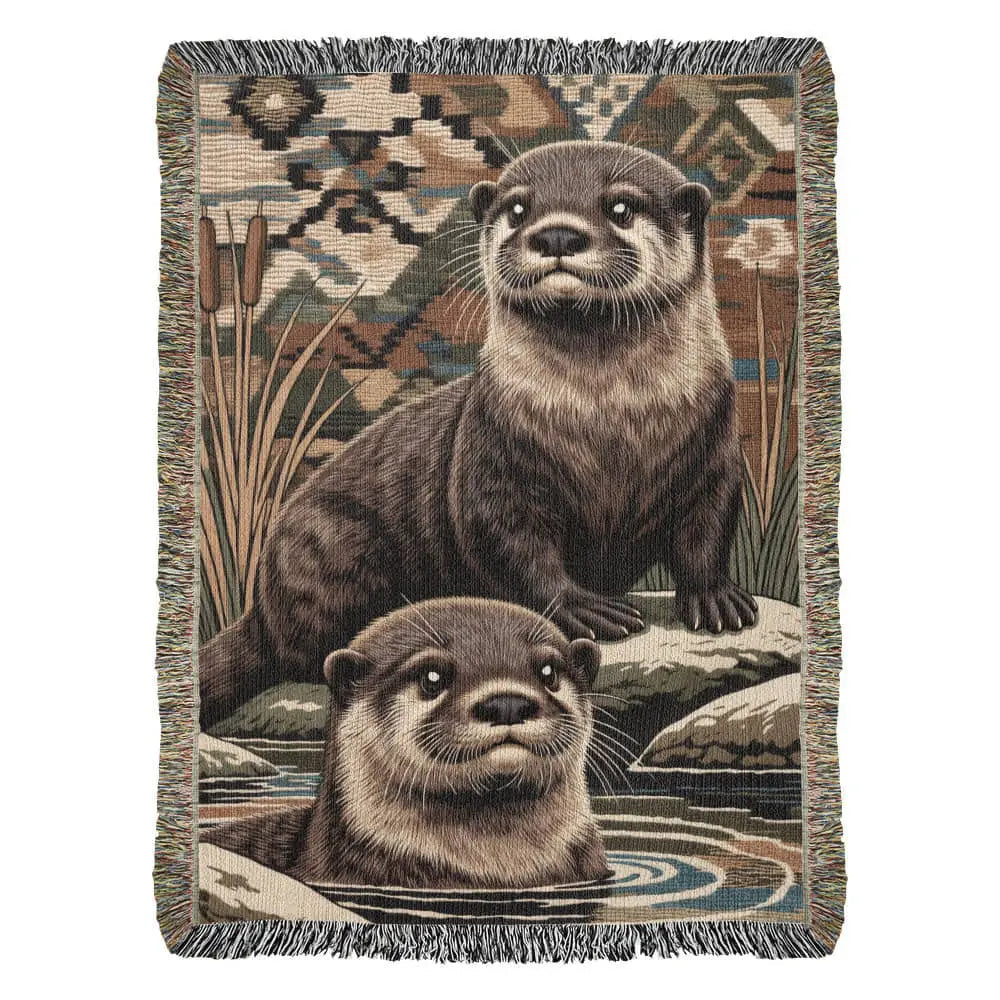 Otter woven blanket with two otters in reeds and water scene