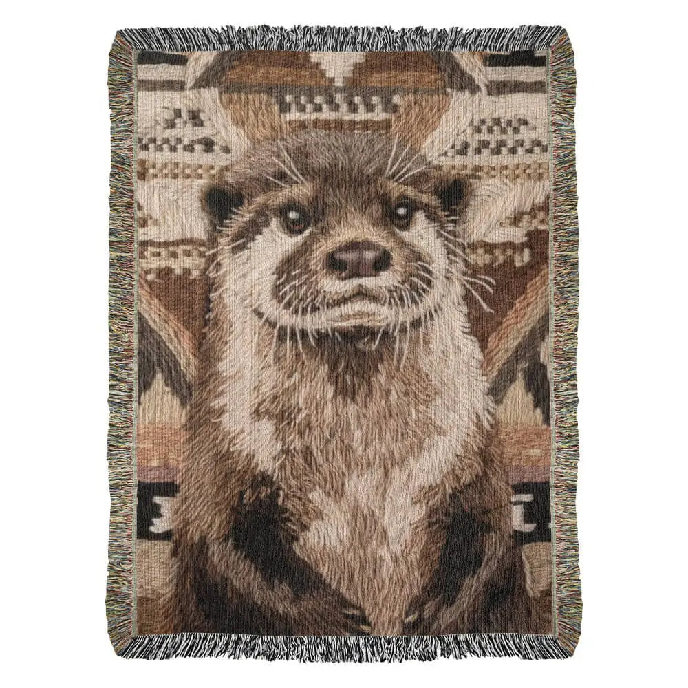 Detailed brown otter woven blanket with geometric patterns, wildlife throw for nature lovers