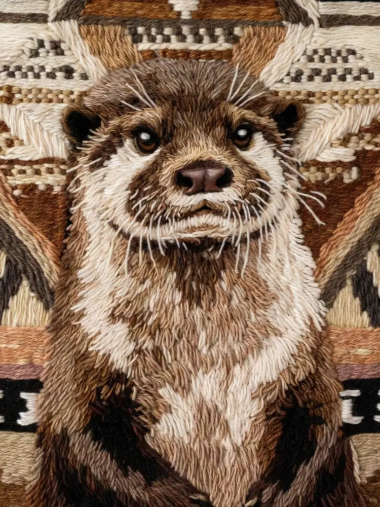 Detailed embroidered otter portrait on wildlife throw blanket, nature lover gift