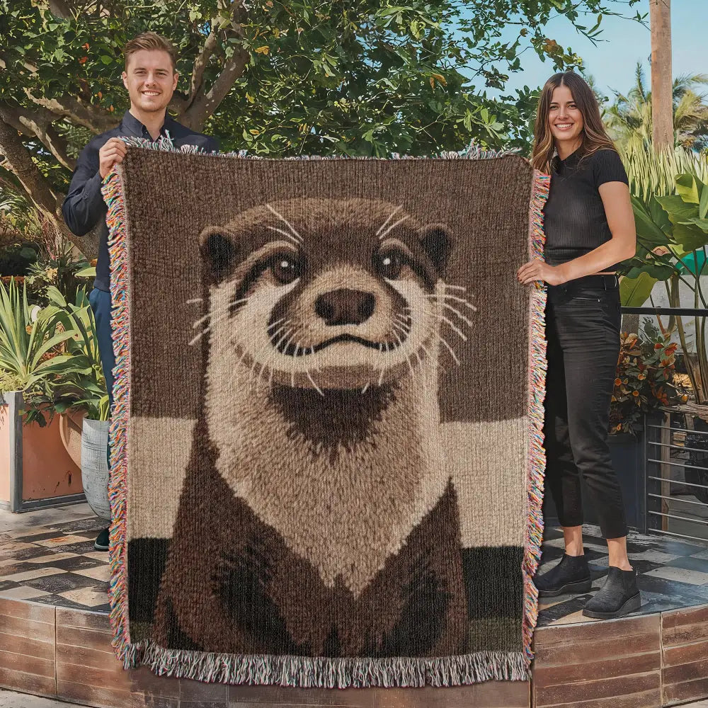 Brown and beige otter woven blanket with detailed portrait and fringed edges